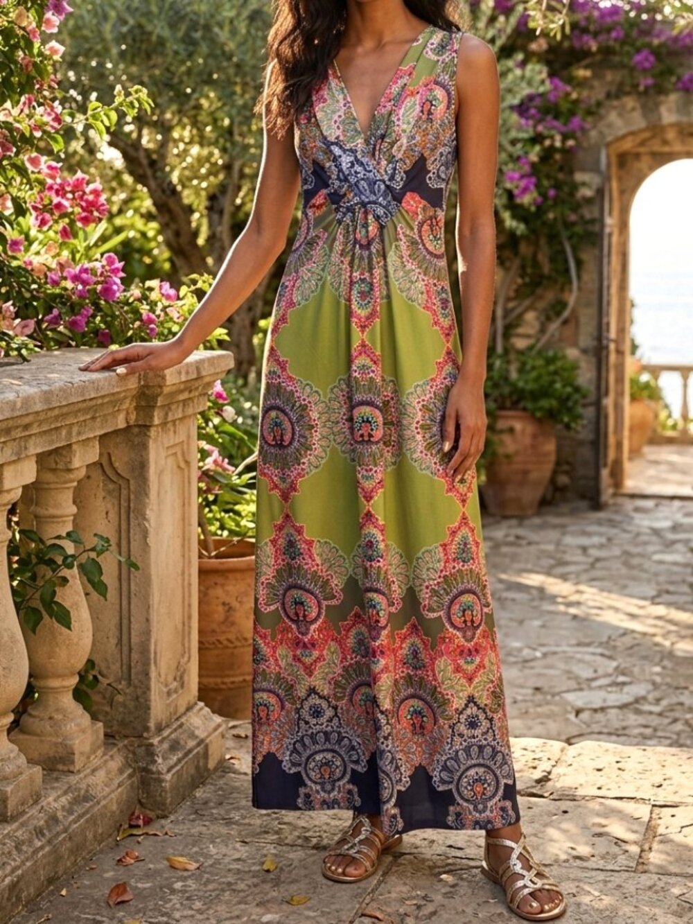 Sunny Leigh Medallion Abstract Sleeveless Surplice Stretch Maxi Dress